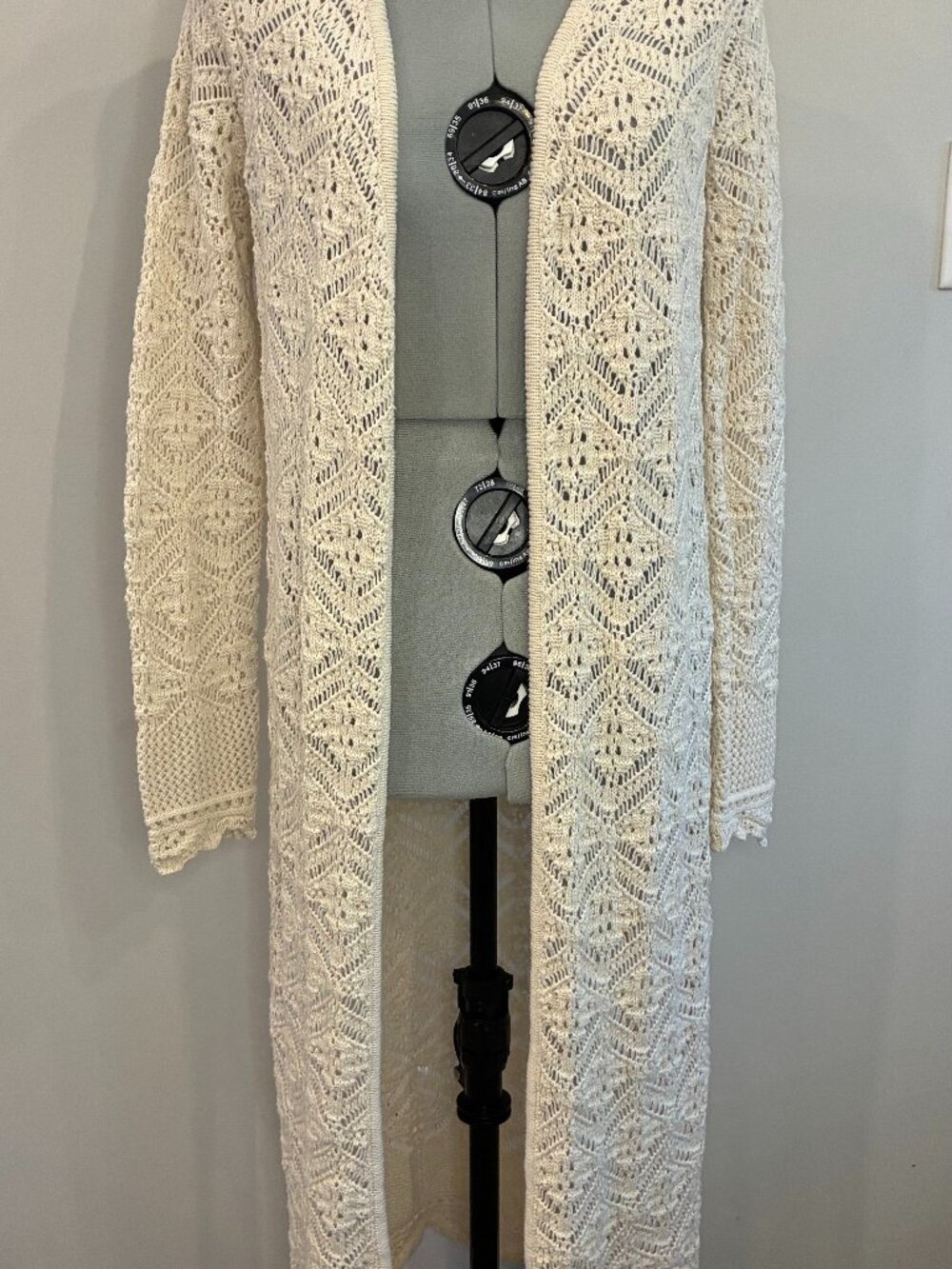 Freshman 1996 Ivory Crochet Duster Cardigan Long Open Front Boho Size M 0358